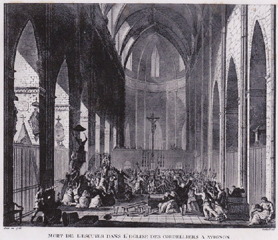 Mort de Nicolas Lescuyer dans l’église des Cordeliers à Avignon — Source : Wikipédia